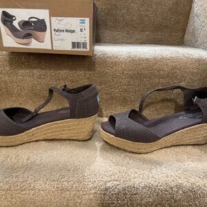 TOMS Womens Open Toe Ankle Straps Cork Wedge Platform Shoes/Size 8.5/Ash Linen